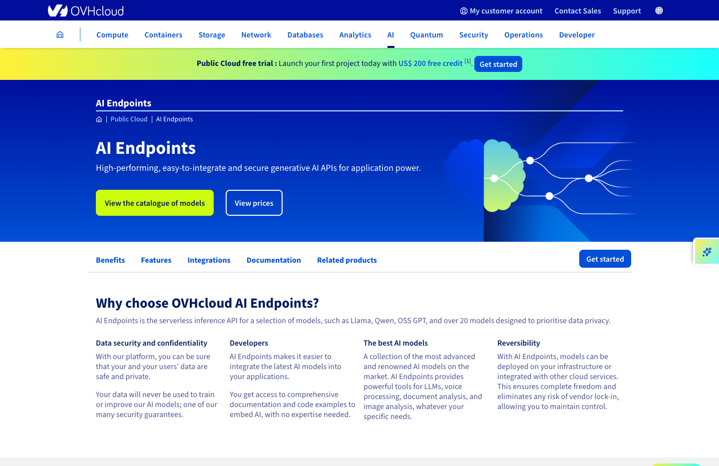 Page produit OVHcloud AI Endpoints.