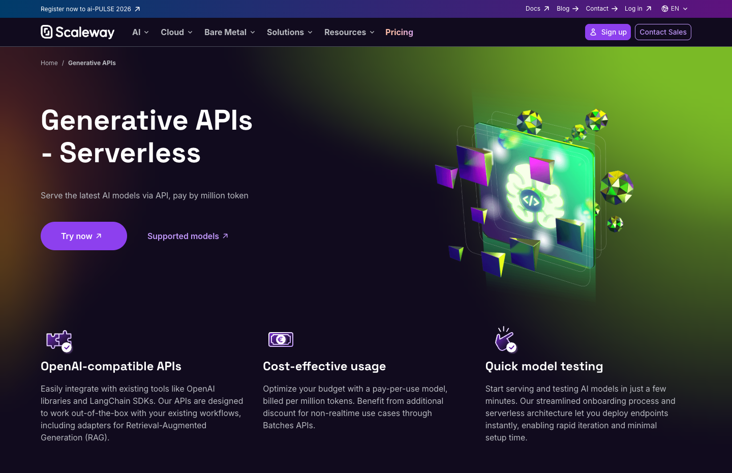 Page produit Scaleway Generative APIs.