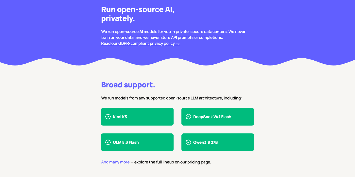 Synthetic AI, Run open-source AI privately et la liste des modèles supportés.